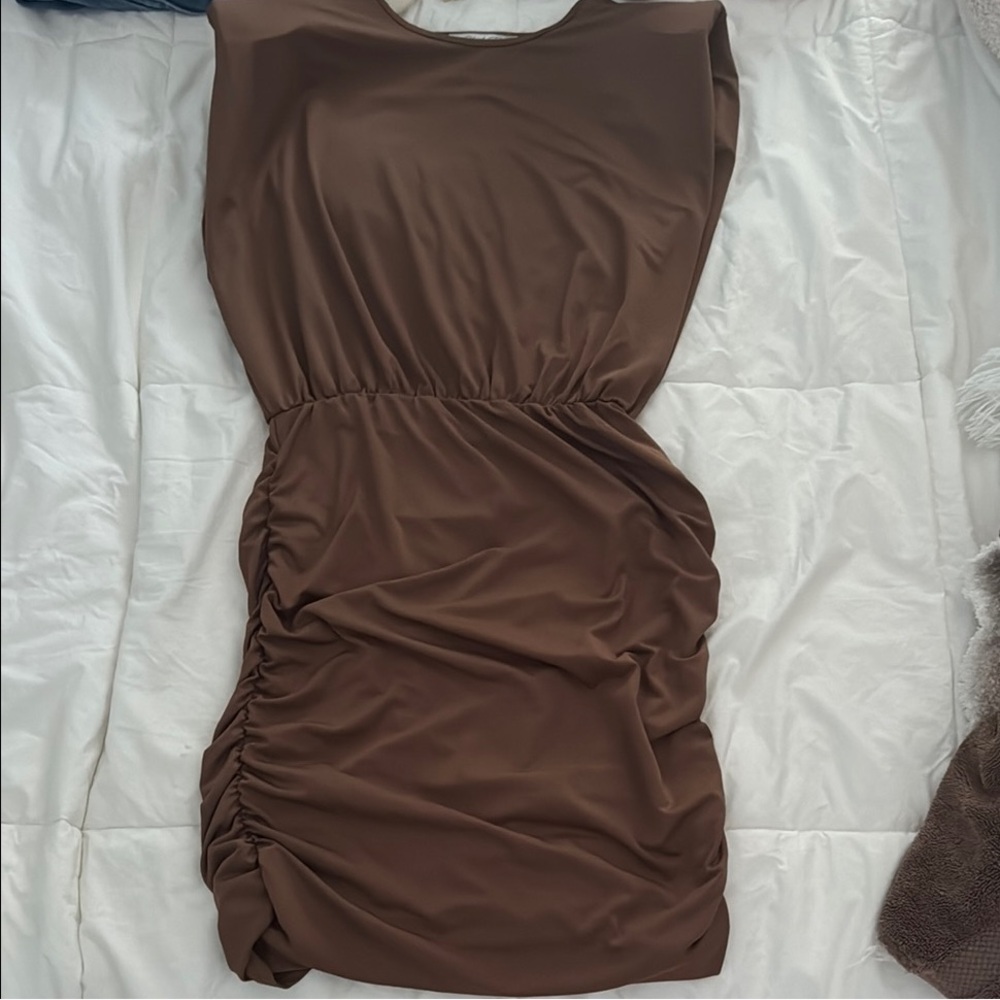 NWT Brown Ruched Mini Dress with padded shoulders